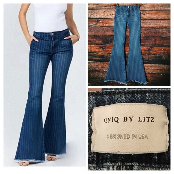 Uniq By Litz Blue Jeans Size 26 Flared Striped Bell Bottoms Raw Hem Stretch - Picture 1 of 10